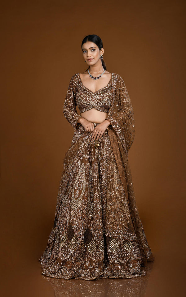 CHOCOLATE HAND EMBROIDERED LEHENGA SET WITH HEAVY DUPATTA #7816