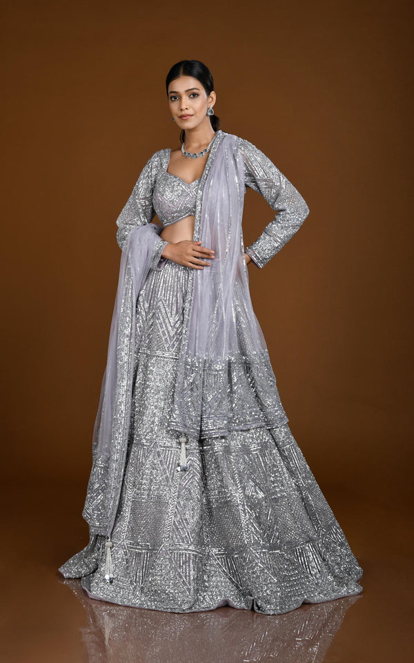 LILAC HAND EMBROIDERED LEHENGA SET WITH ALLOVER SILVER DETAILING #7818