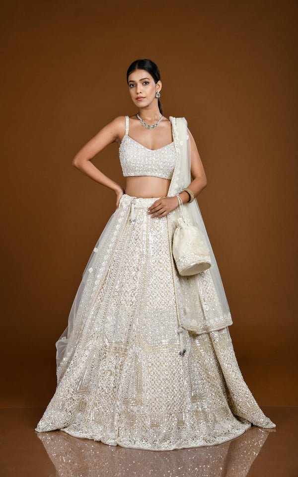 LIGHT BEIGE HAND EMBROIDERED TONE ON TONE LEHENGA SET #7820