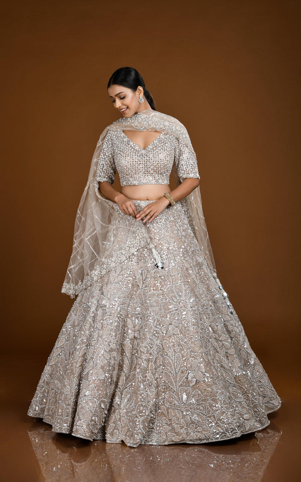 TAUPE HAND EMBROIDERED LEHENGA SET WITH ALLOVER STONE & SEQUINS DETAILING #7823