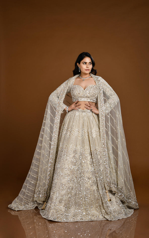 BEIGE GOLD HAND EMBROIDERED LEHENGA SET #7825