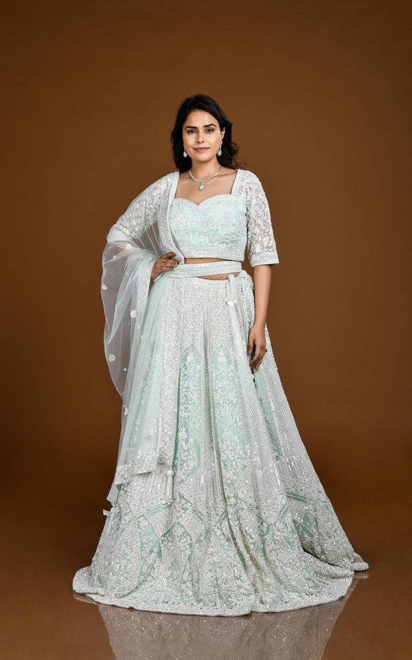 MINT HAND EMBROIDERED PEARL LEHENGA SET #7827