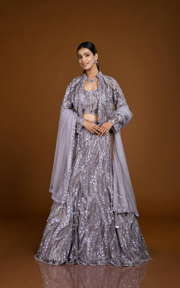 DARK LILAC HAND EMBROIDERED MERMAID LEHENGA SET WITH SHORT JACKET #7832