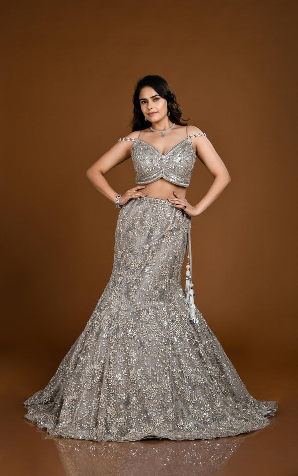 GREY HAND EMBROIDERED MERMAID LEHENGA SET #7833