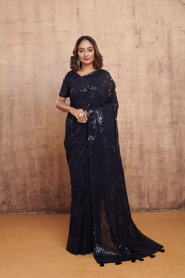 NAVY BLUE TONE ON TONE SEQUINS EMBROIDERED SAREE #7869