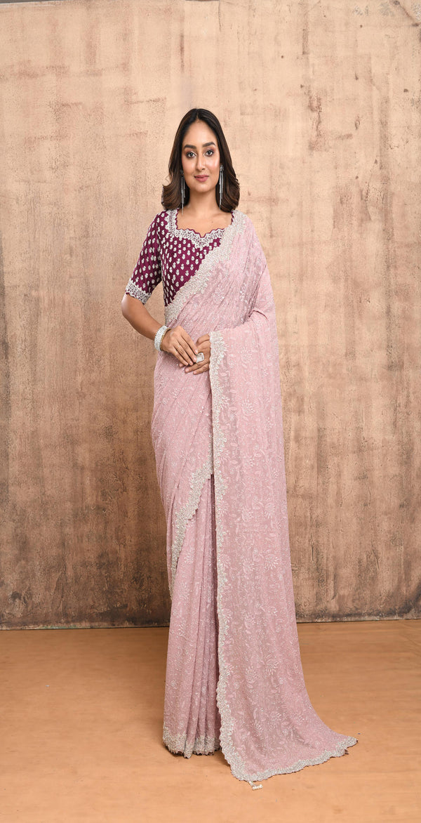 PEACHY PINK CHIKANKARI SAREE WITH CONTRAST MAGENTA DESIGNER BLOUSE #7900