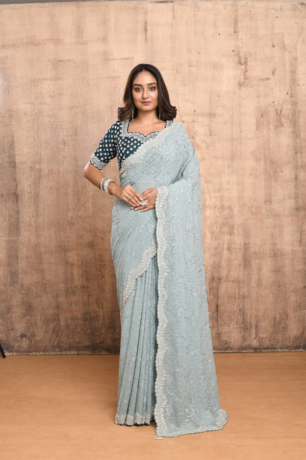 DUSTY SEA GREEN CHIKANKARI SAREE WITH CONTRAST TEAL DESIGNER BLOUSE #7903