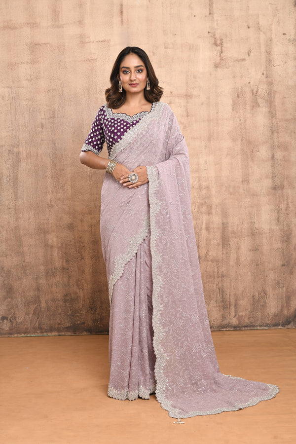 DUSTY LILAC CHIKANKARI SAREE WITH CONTRAST DARK PURPLE DESIGNER BLOUSE #7904