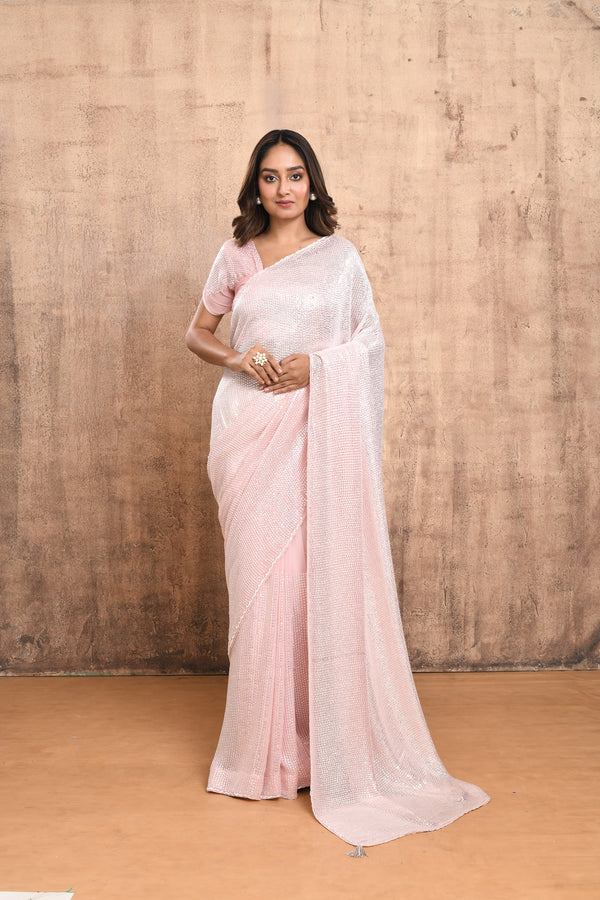 PEACHY PINK SEQUINS EMBROIDERED SAREE #7907