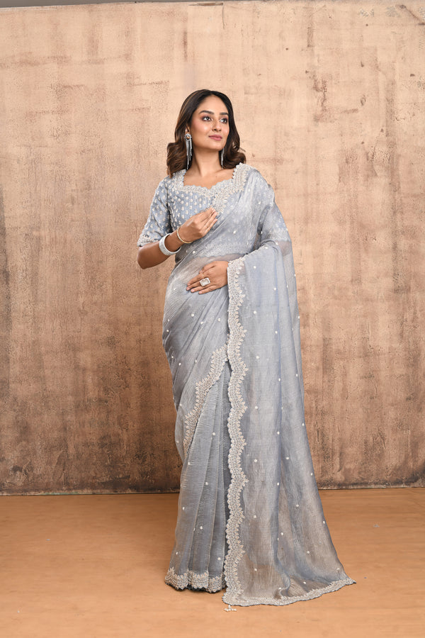 DUSTY GREY LILAC HAND EMBROIDERED ORGANZA SILK SAREE WITH DESIGNER BLOUSE #7909