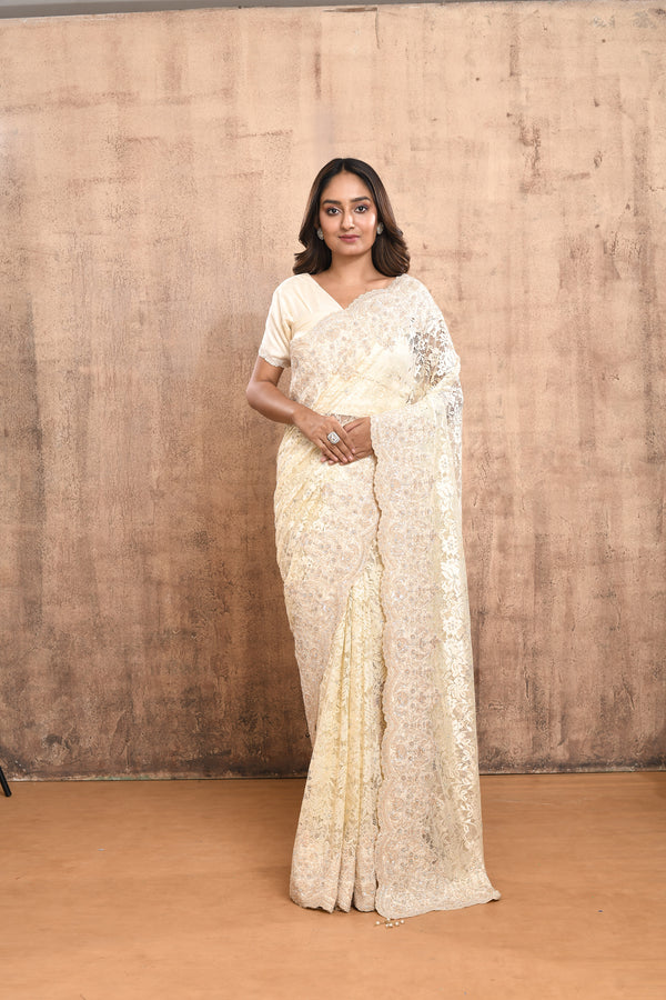 LIGHT BEIGE GOLD HAND EMBROIDERED FRENCH LACE SAREE #7915