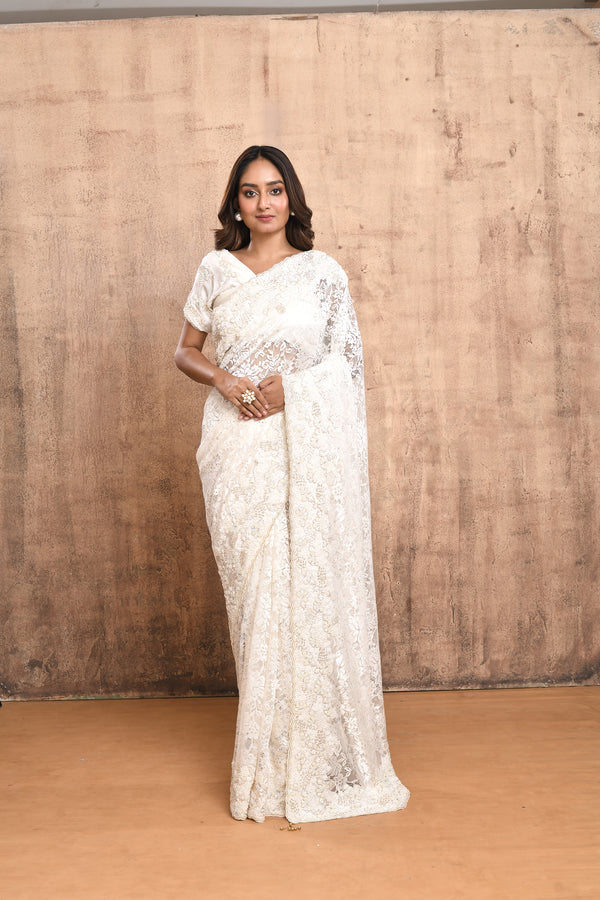 WHITE IVORY HAND EMBROIDERED FRENCH LACE SAREE #7916