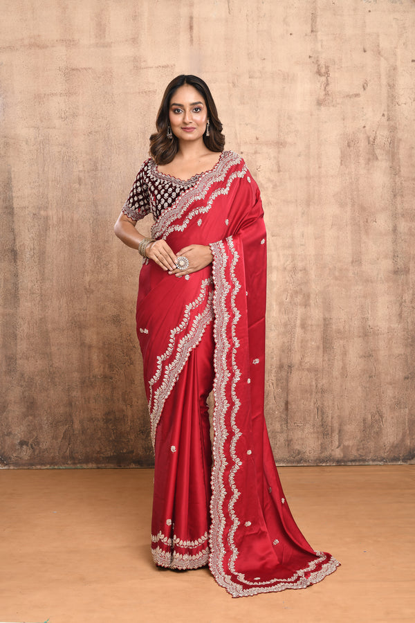 DEEP RED HAND EMBROIDERED SILK SAREE WITH BURGUNDY VELVET DESIGNER BLOUSE #7918