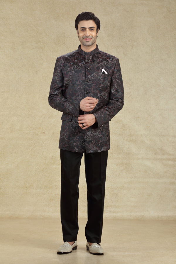 BLACK BROCADE JODHPURI SUIT #7934