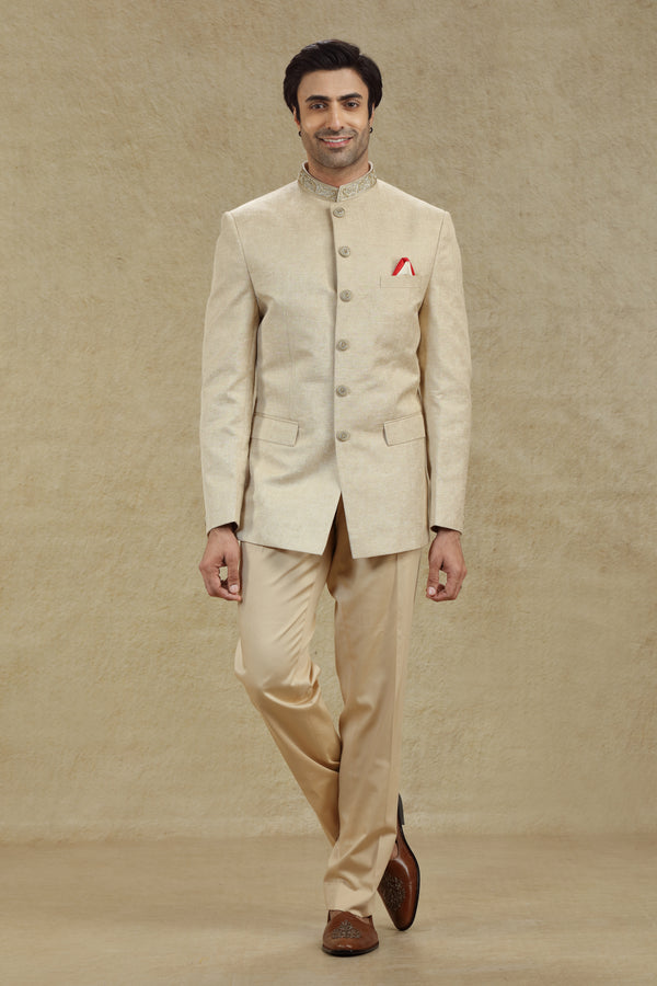 BEIGE BROCADE JODHPURI SUIT #7935