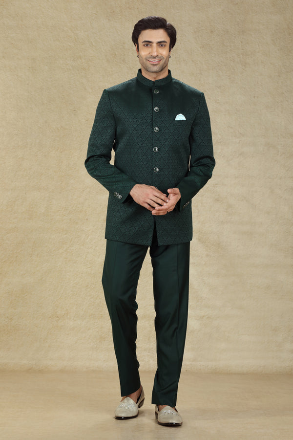 FOREST GREEN BLACK PRINTED JODHPURI SUIT #7936