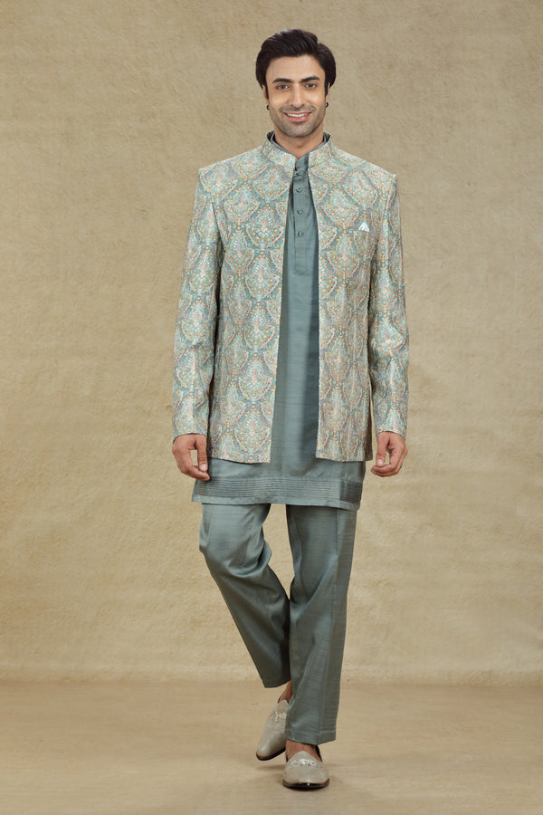 GREY SAGE MULTI COLOR OPEN JACKET JODHPURI SUIT #7939