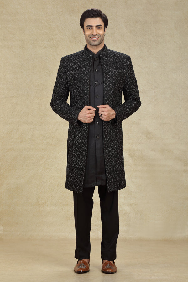 BLACK EMROIDERED OPEN SHERWANI SET #7943