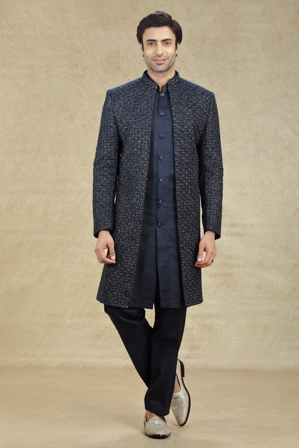 NAVY BLUE EMBROIDERED OPEN SHERWANI SET #7944