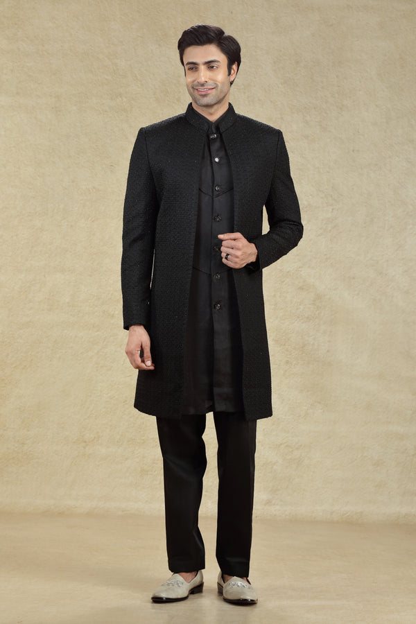 ALL BLACK EMBROIDERED OPEN SHERWANI SET #7945