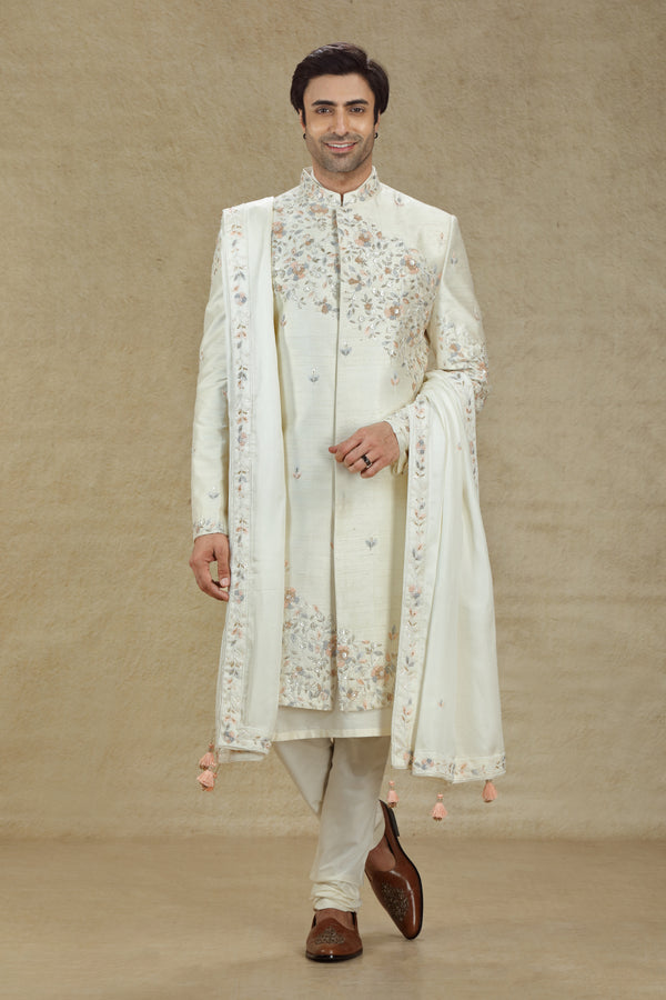 IVORY FLORAL EMBROIDERED SHERWANI SET #7948