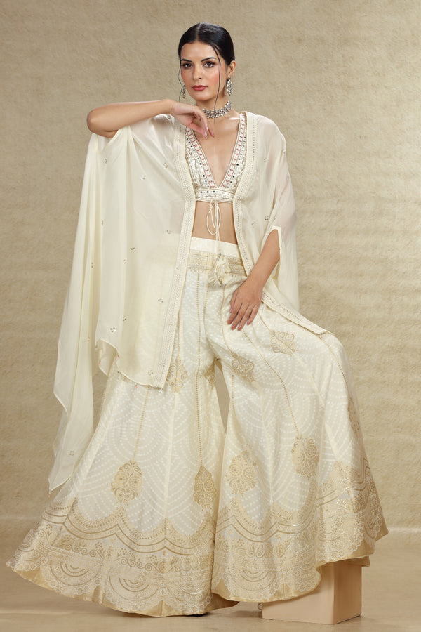 IVORY BANARASI CROP TOP SUIT SET WITH CAPE #7973