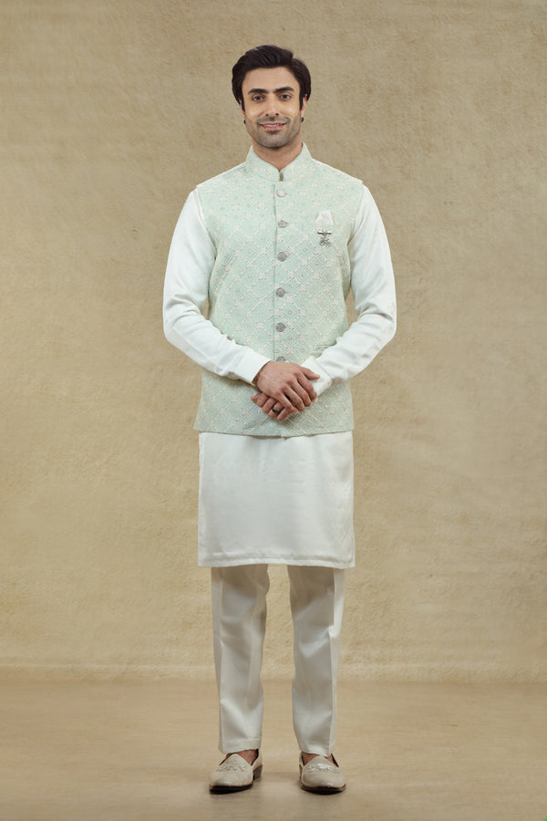 POWDER BLUE & IVORY CHIKANKARI BANDI KURTA SET #7975