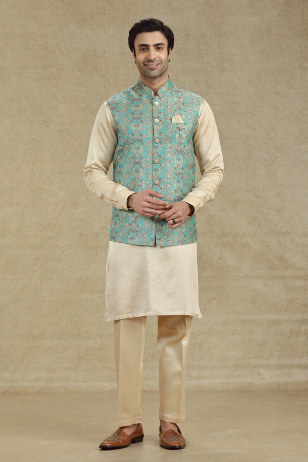 LIGHT TEAL & BEIGE FLORAL PRINTED BANDI KURTA SET #7978