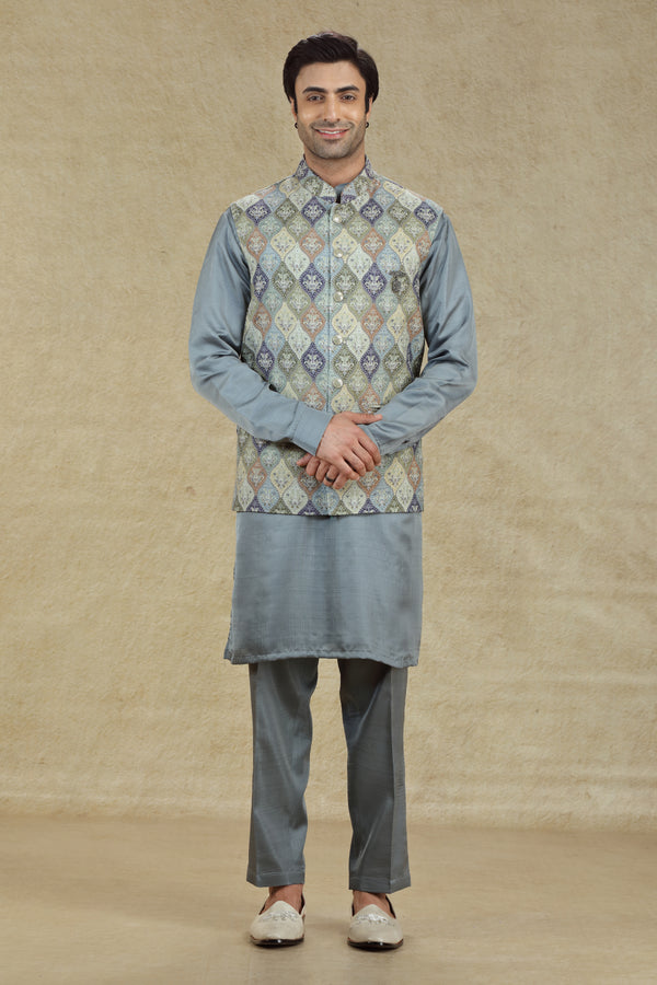 GREY MULTI COLOR BANDI KURTA SET #7981