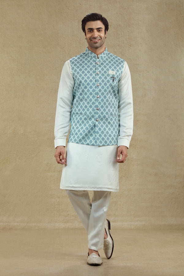 POWDER BLUE & IVORY PRINTED BANDI KURTA SET #7983