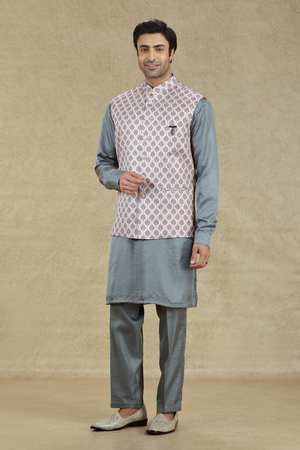 LIGHT PINK & GREY PRINTED BANDI KURTA SET #7984