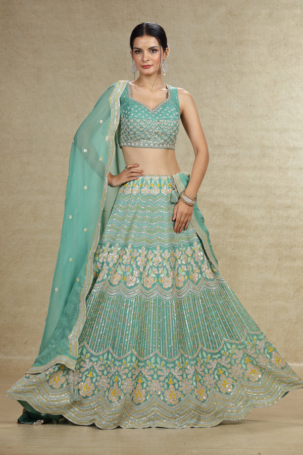 DUSTY SEA GREEN MULTI COLOR EMBROIDERED LEHENGA SET #8077