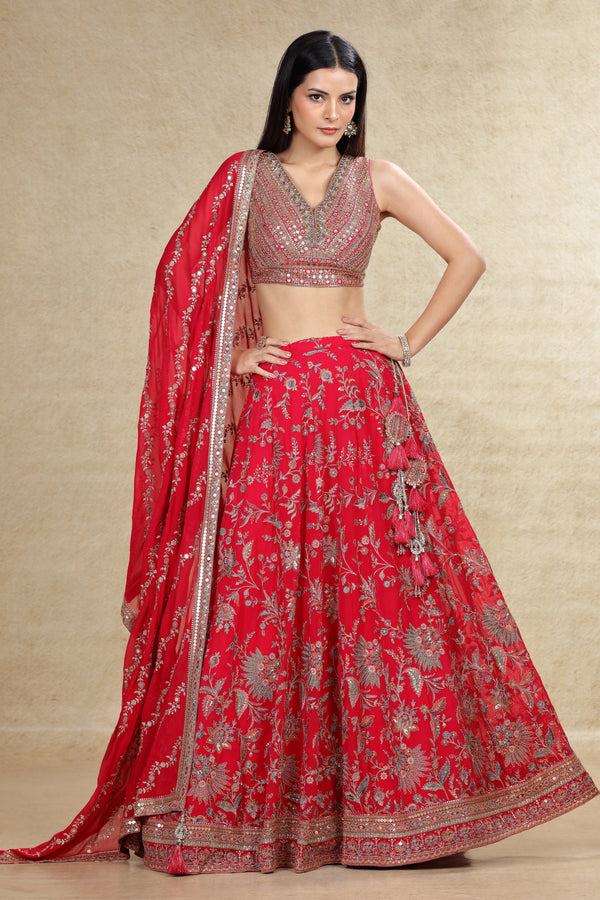 MAGENTA MULTICOLOR FLORAL EMBROIDERY LEHENGA SET #8078