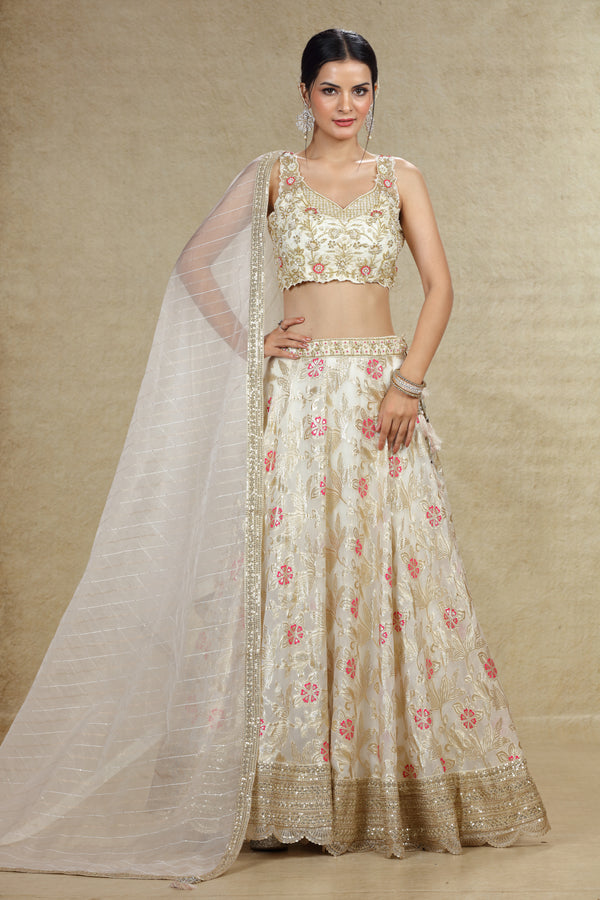 IVORY BANARASI LEHENGA SET WITH HAND EMBROIDERED BLOUSE #8081