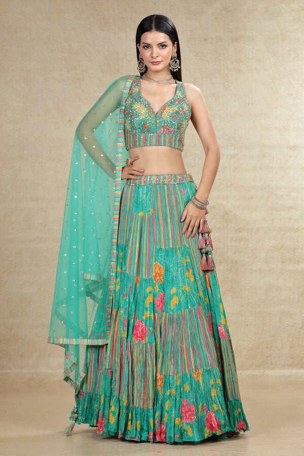 LIGHT TEAL MULTI COLOR PRINTED LEHENGA SET WITH HAND EMBROIDERED BLOUSE #8082