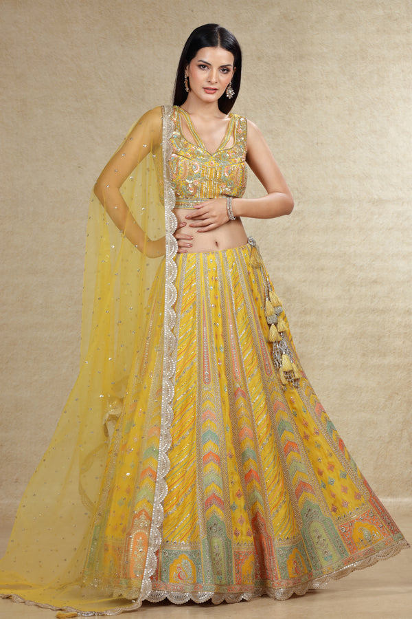 YELLOW MULTI COLOR LEHENGA SET WITH HAND EMBROIDERED BLOUSE #8083