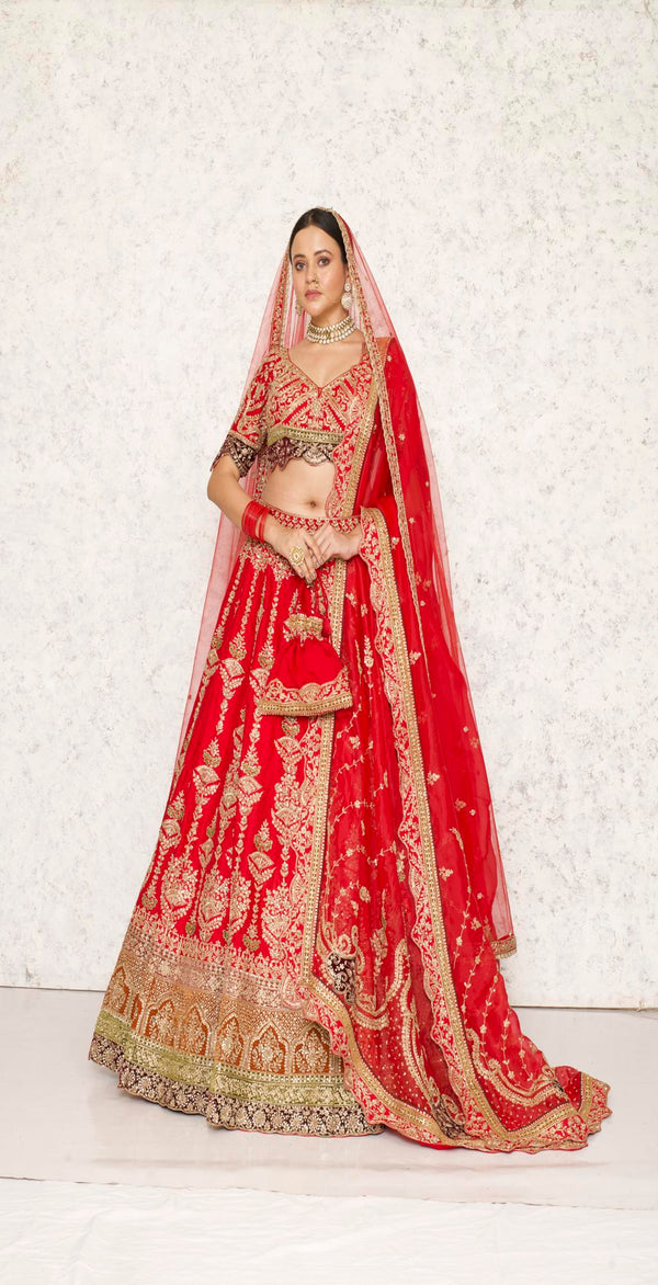 CRIMSON RED MULTI COLOR VERTICAL MOTIFS RAW SILK HAND EMBROIDERED LEHENGA SET WITH TWO DUPATTAS #8209