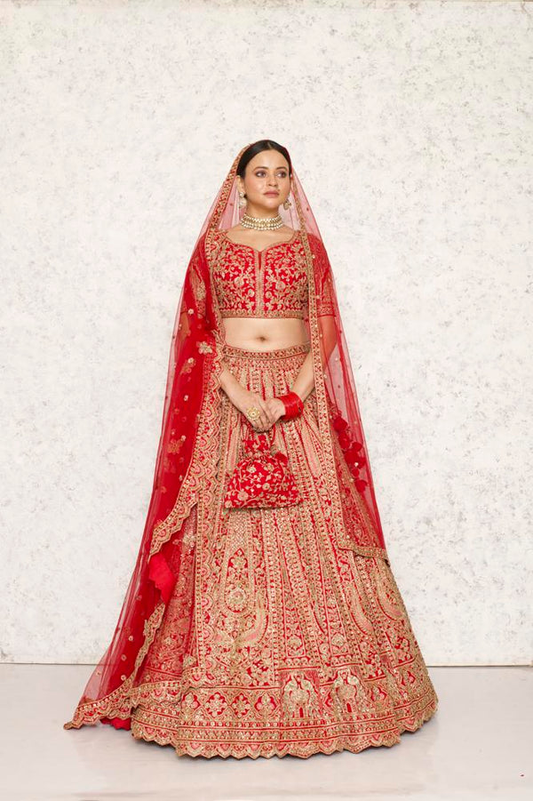 CRIMSON RED RAW SILK HEAVILY HAND EMBROIDERED LEHENGA SET WITH TWO DUPATTAS #8216