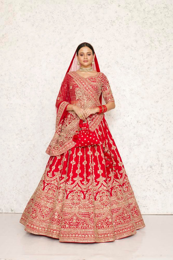 STRAWBERRY RED VERTICAL MOTIFS RAW SILK HAND EMBROIDERED LEHENGA SET WITH TWO DUPATTAS #8217