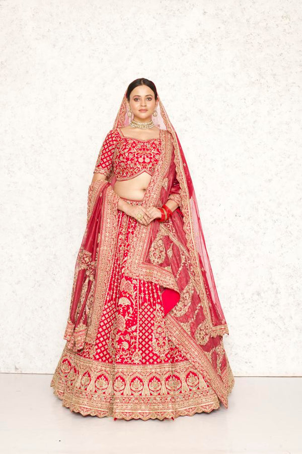 FUSCIA PINK RAW SILK HAND EMBROIDERED LEHENGA SET #8215