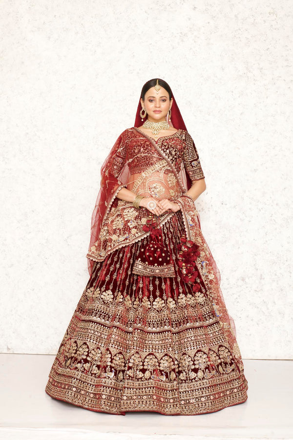 BURGUNDY VELVET VERTICAL MOTIFS HAND EMBROIDERED LEHENGA SET WITH TWO DUPATTAS #8218