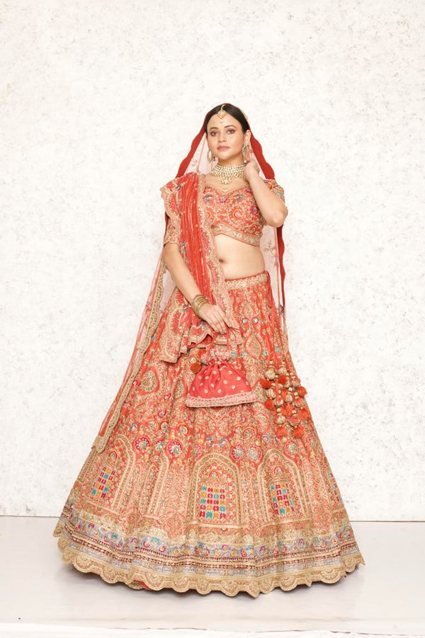 BURNT ORANGE MULTI COLOR FLORAL MOTIF HAND EMBROIDERED LEHENGA SET WITH TWO DUPATTAS #8211