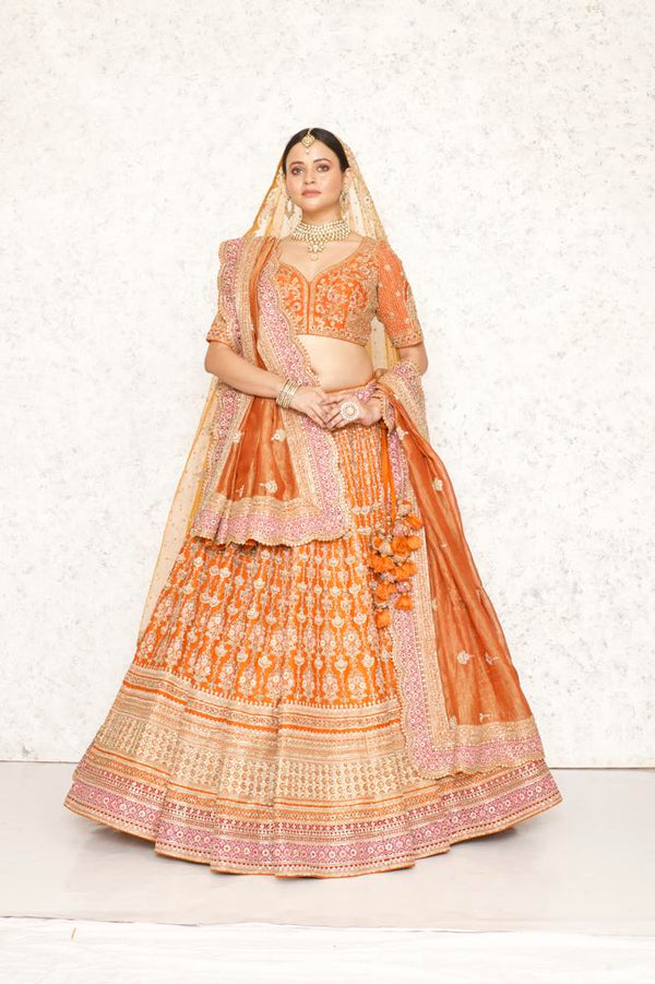 RUST ORANGE MULTI COLOR VERTICAL FLORAL MOTIF HAND EMBROIDERED LEHENGA SET WITH TWO DUPATTAS #8210