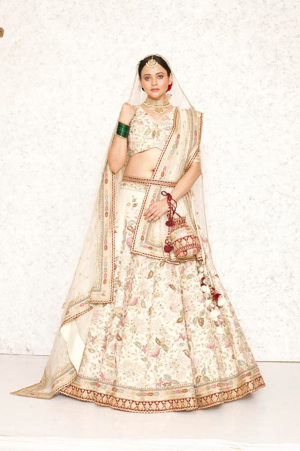 LIGHT BEIGE GOLD MULTI COLOR SOFT HUES FLORAL MOTIF HAND EMBROIDERED LEHENGA SET WITH TWO DUPATTAS #8214