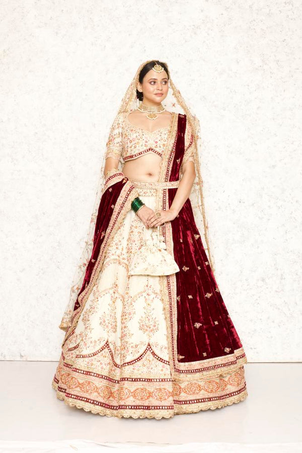 LIGHT BEIGE GOLD MULTI COLOR FLORAL MOTIF HAND EMBROIDERED LEHENGA SET WITH TWO DUPATTAS #8212