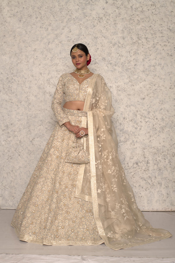 GREY IVORY RED & SEQUINS HAND EMBROIDERED LEHENGA SET #8206