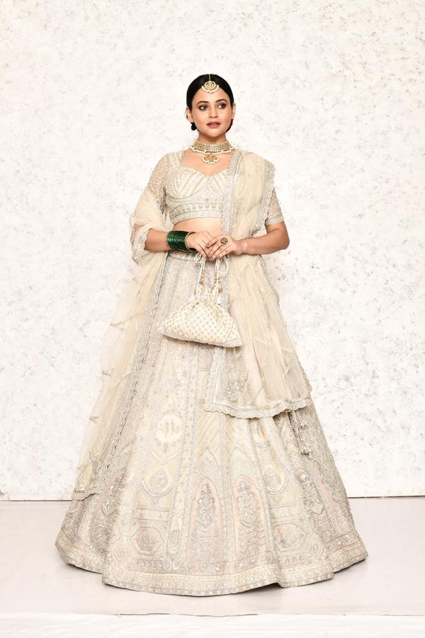 GREY IVORY & MAUVE ORGANZA SILK HEAVILY HAND EMBROIDERED LEHENGA SET #8205