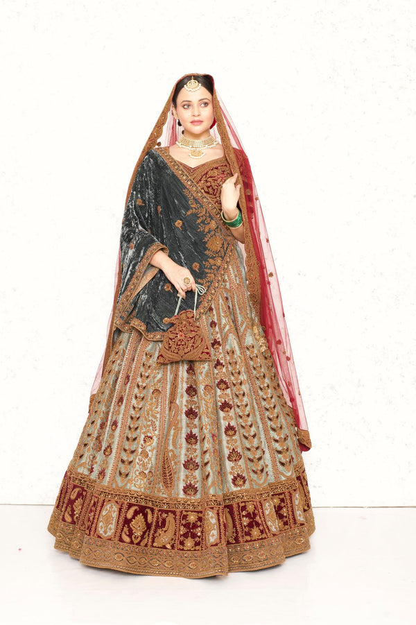 DUSTY TEAL & BURGUNDY RAW SILK HAND EMBROIDERED LEHENGA SET WITH TWO DUPATTAS #8219