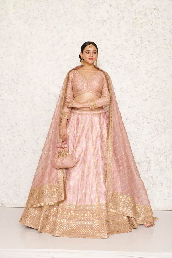 SOFT PINK PURE BANARASI SILK HAND EMBROIDERED LEHENGA SET #8220