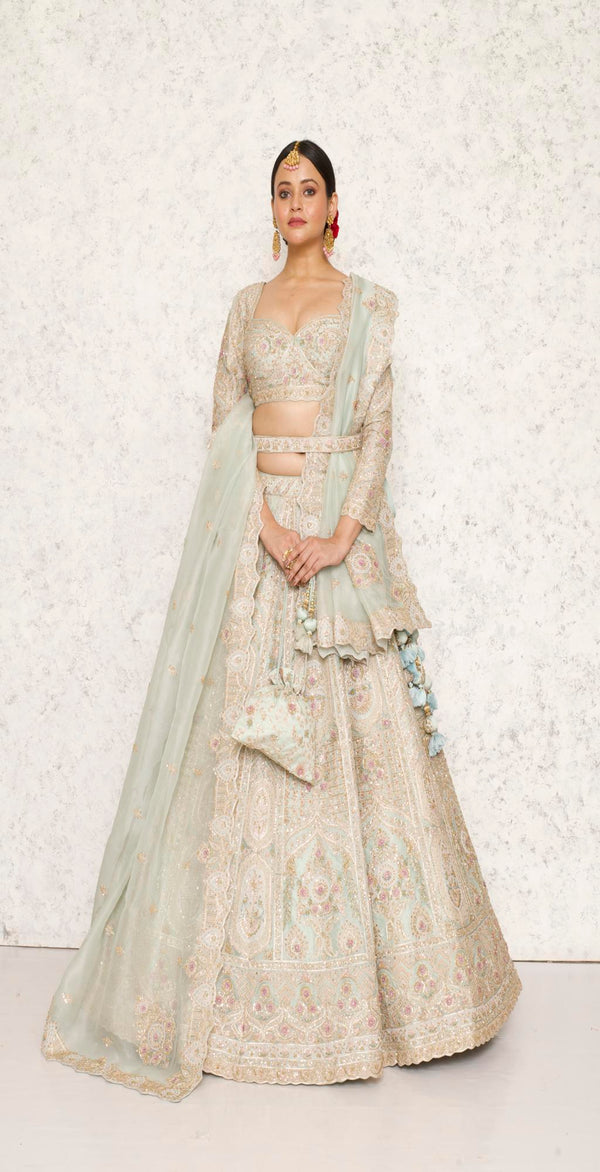 DUSTY GREYISH BLUE ORGANZA SILK HEAVILY HAND EMBROIDERED LEHENGA SET #8208